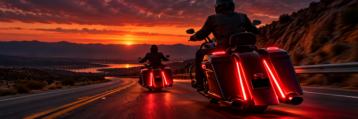Motorcyclists riding along a winding road at sunset with vivid red LED lighting; conceptual artwork