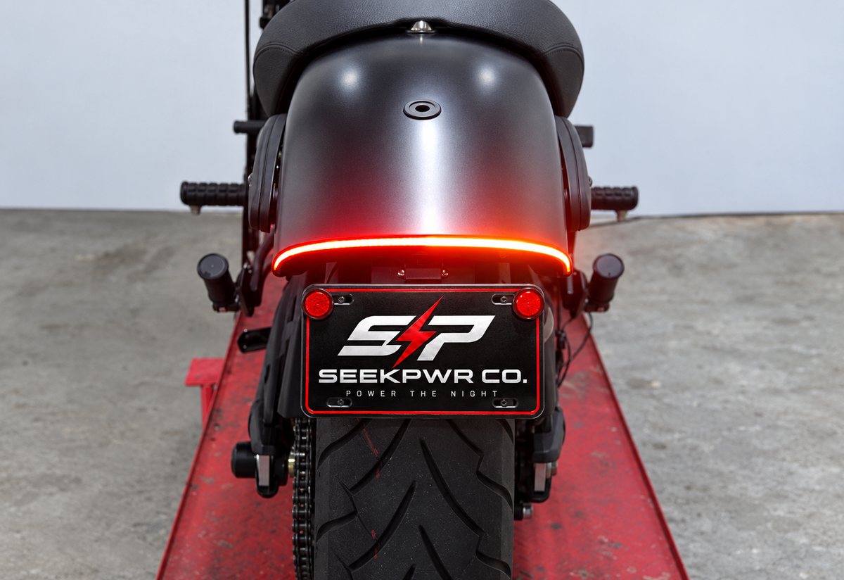 Rear view of Kawasaki Vulcan S LED kit with SeekPwr plate